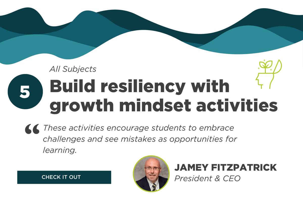 5. Build resiliency with growth mindset activities. These activities encourage students to embrace challenges and see mistakes as opportunities for learning. Submitted by Jamey Fitzpatrick. 