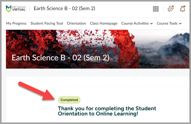 Brightspace Student Orientation Completion Message Appearing in a Course Earth Science Example