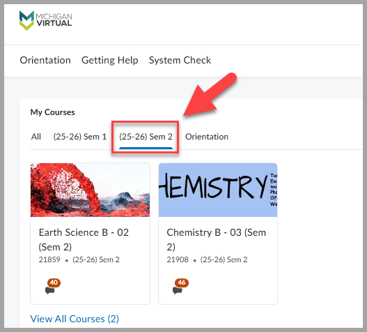 Brightspace Student Orientation Sem 2 filtering to only see course